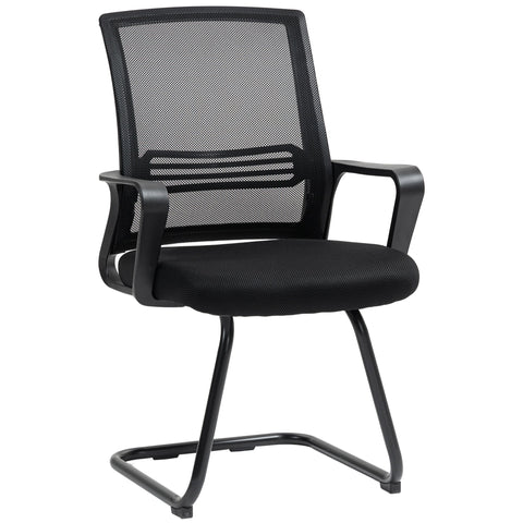 Black mesh office chair with padded seat, ergonomic backrest, breathable mesh fabric and sled base for office or home use