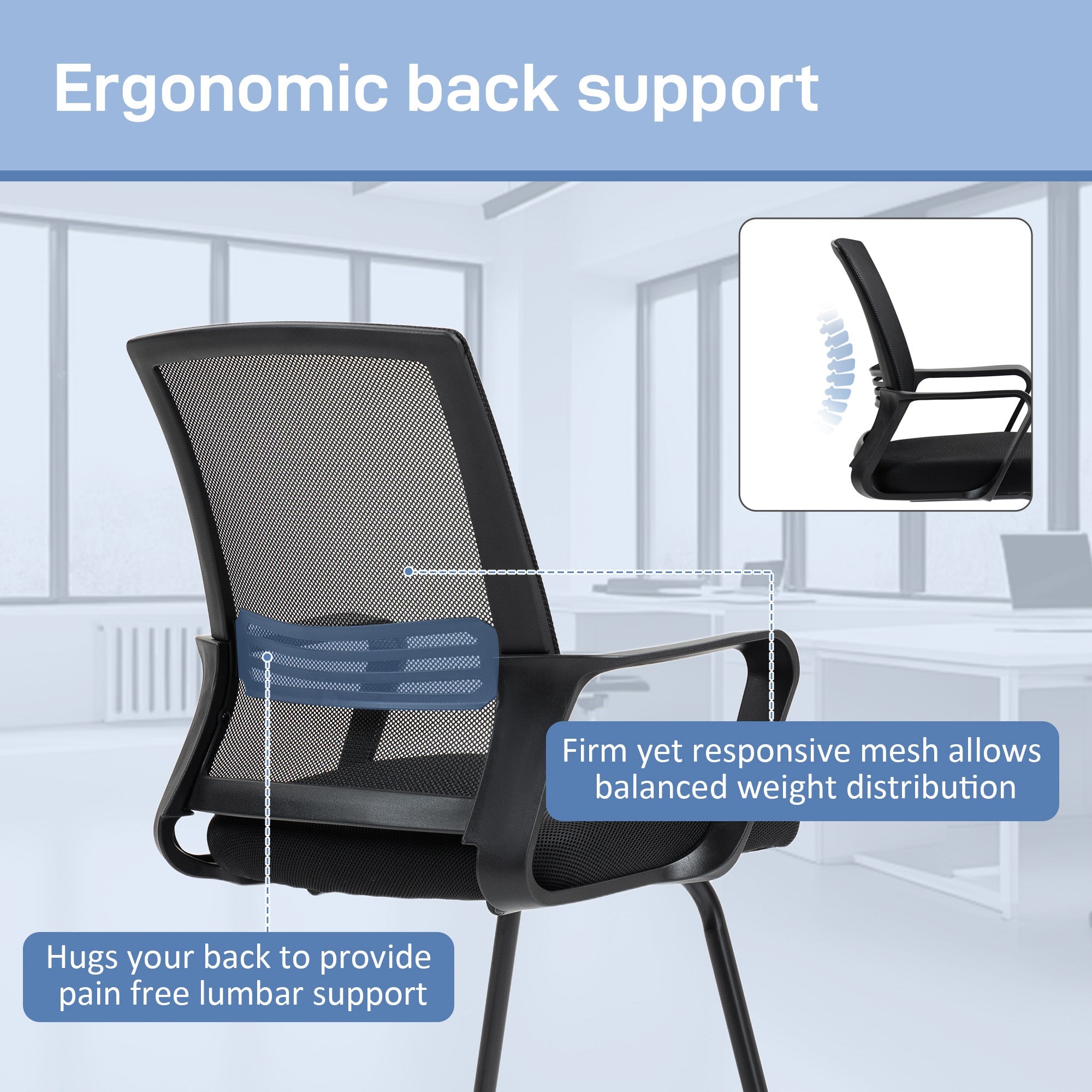 Black HOMCOM office chair with sled base, breathable mesh fabric, ergonomic backrest, and blue lumbar cushion