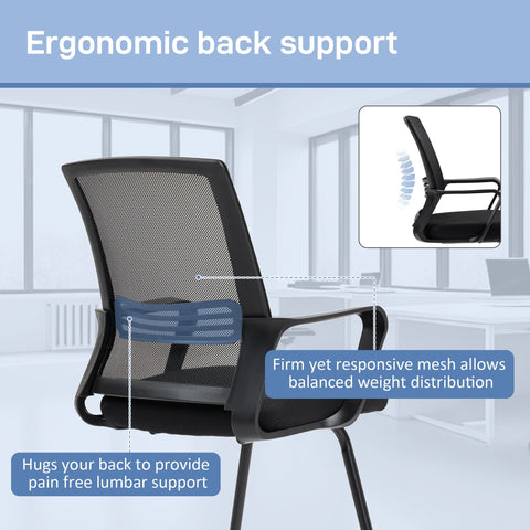 Black HOMCOM office chair with sled base, breathable mesh fabric, ergonomic backrest, and blue lumbar cushion