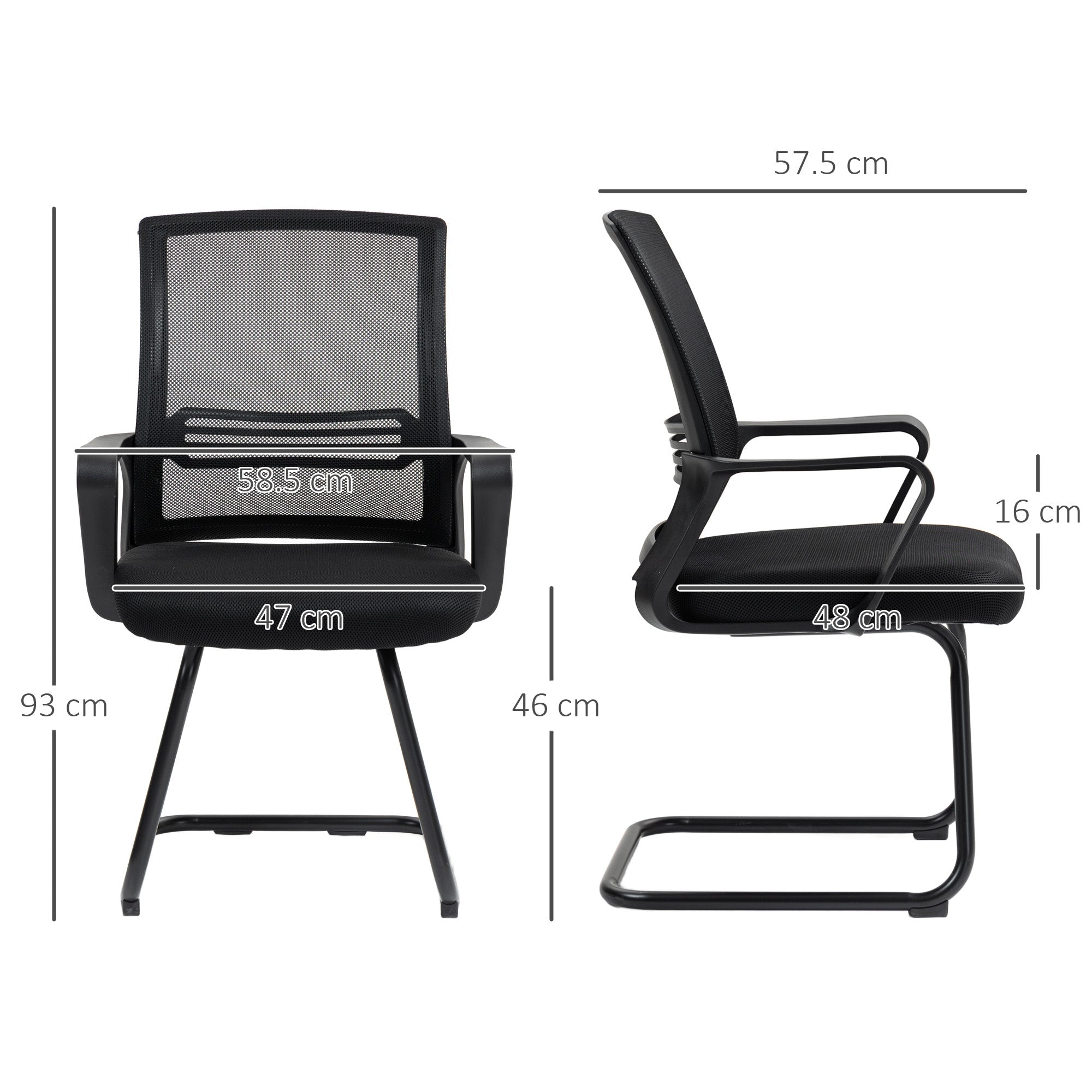 Black mesh-back office chair with padded seat armrests and sled base featuring breathable mesh fabric and ergonomic backrest
