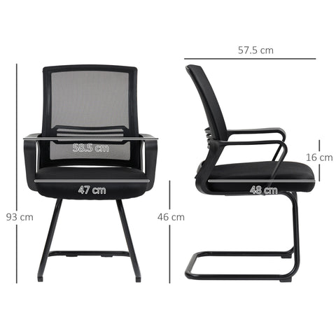 Black mesh-back office chair with padded seat armrests and sled base featuring breathable mesh fabric and ergonomic backrest