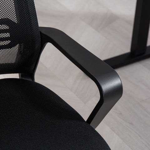 Black mesh office chair with breathable mesh fabric, ergonomic backrest, sleek matte armrest, and sled base for office use