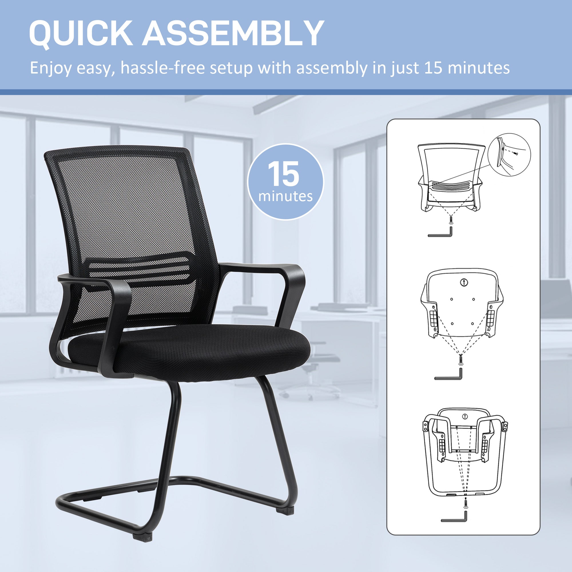 Black HOMCOM ergonomic desk chair with breathable mesh fabric and sled base for office meeting and home use
