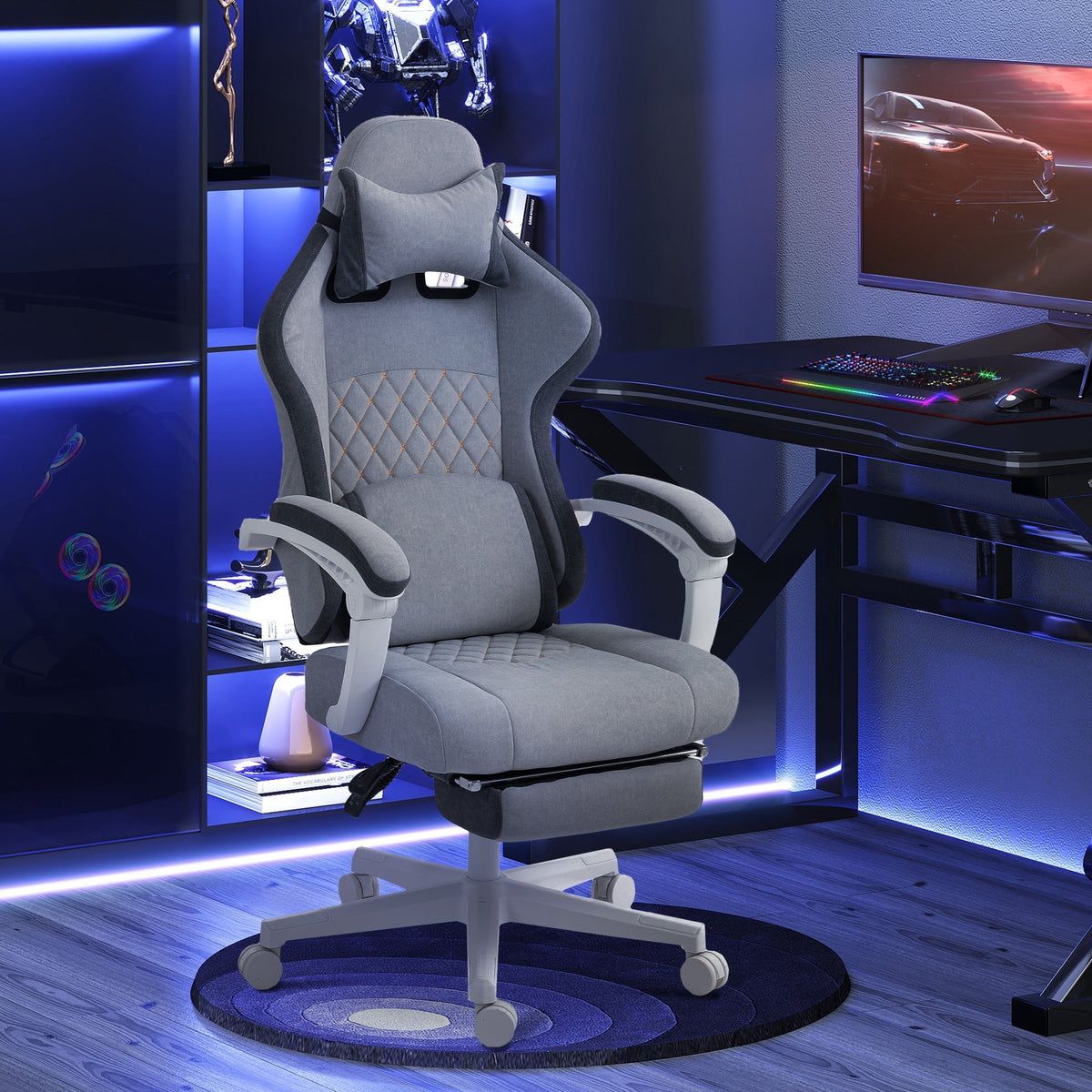 Gray homcom ergonomic gaming chair with printed velvet fabric lumbar support headrest pillow and footrest