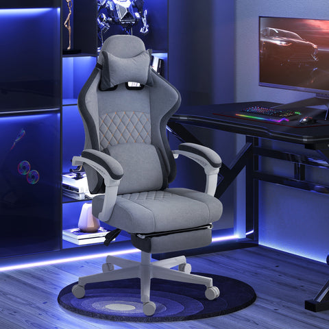 Gray homcom ergonomic gaming chair with printed velvet fabric lumbar support headrest pillow and footrest