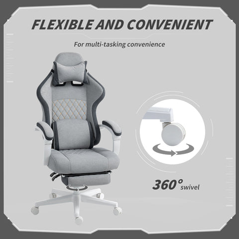 Gray and black homcom gaming chair with printed velvet upholstery, lumbar support, white plastic base, and casters for office or gaming