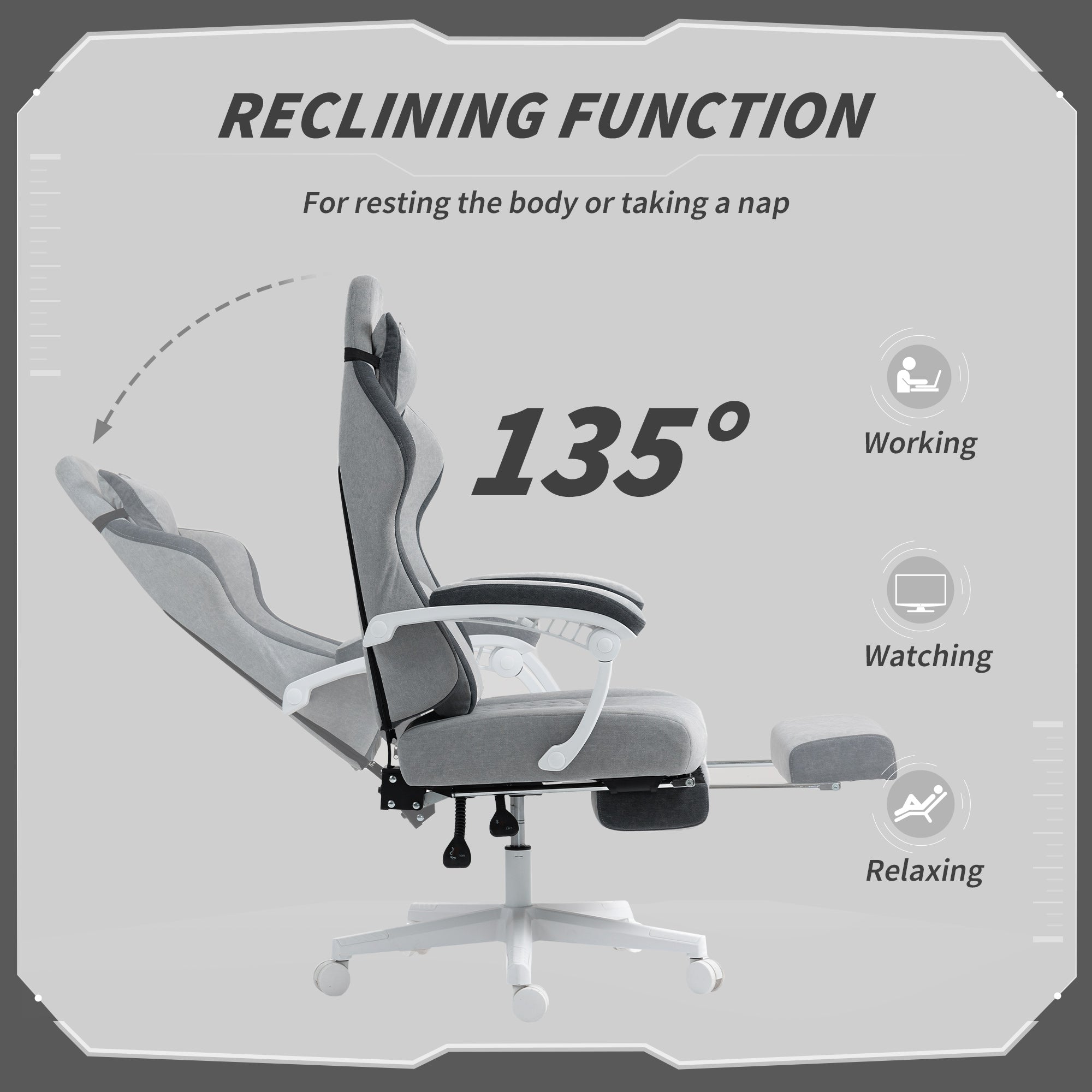 Gray and white printed velvet gaming chair with lumbar support and 135-degree recline for office or gaming comfort