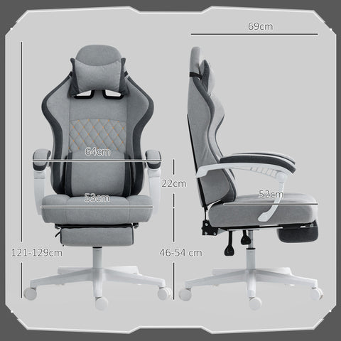 Gray and black printed velvet gaming chair with quilted backrest lumbar support adjustable armrests and footrest