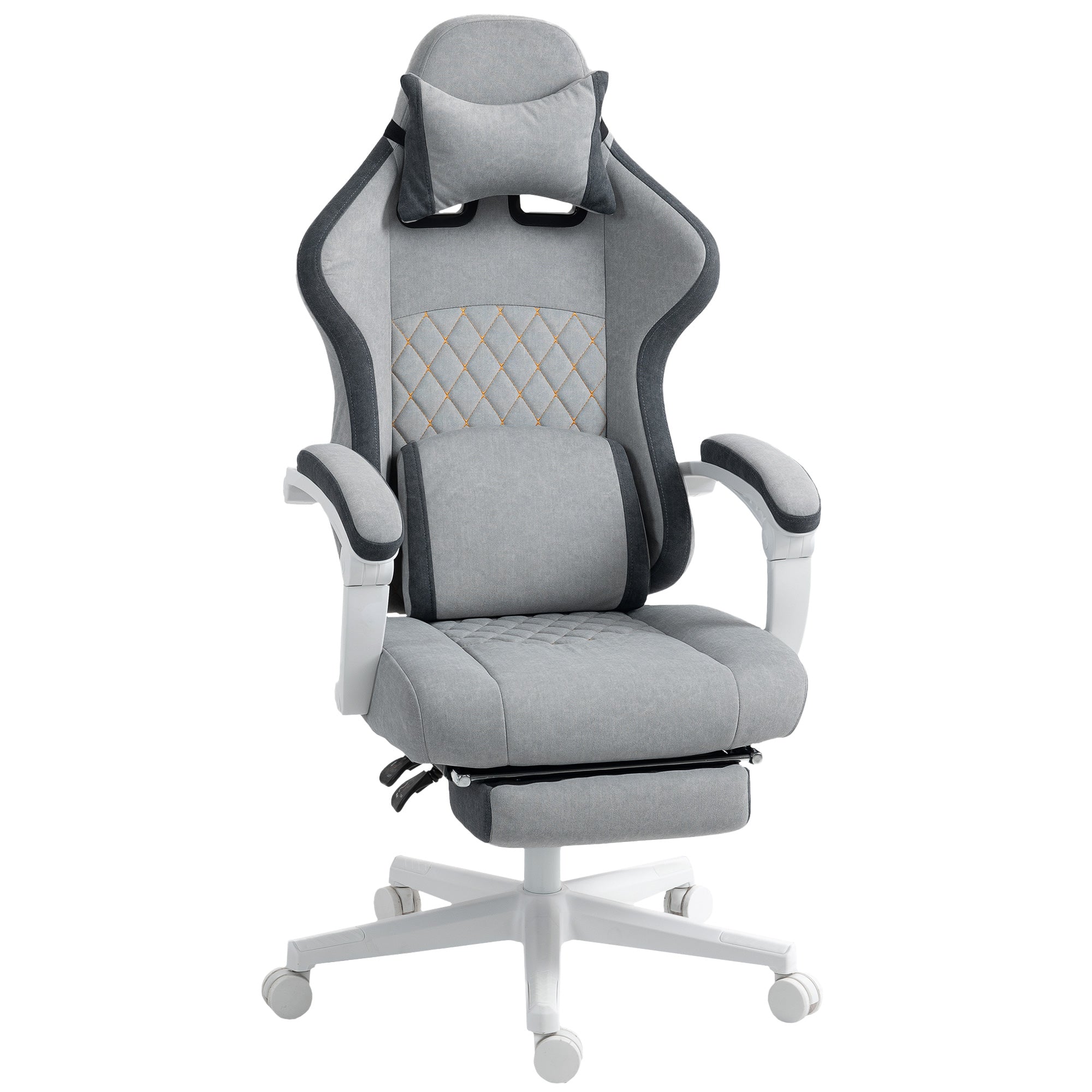 Gray and black homcom ergonomic gaming chair with printed velvet, lumbar support, quilted stitching, headrest pillow, and footrest