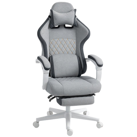 Gray and black homcom ergonomic gaming chair with printed velvet, lumbar support, quilted stitching, headrest pillow, and footrest