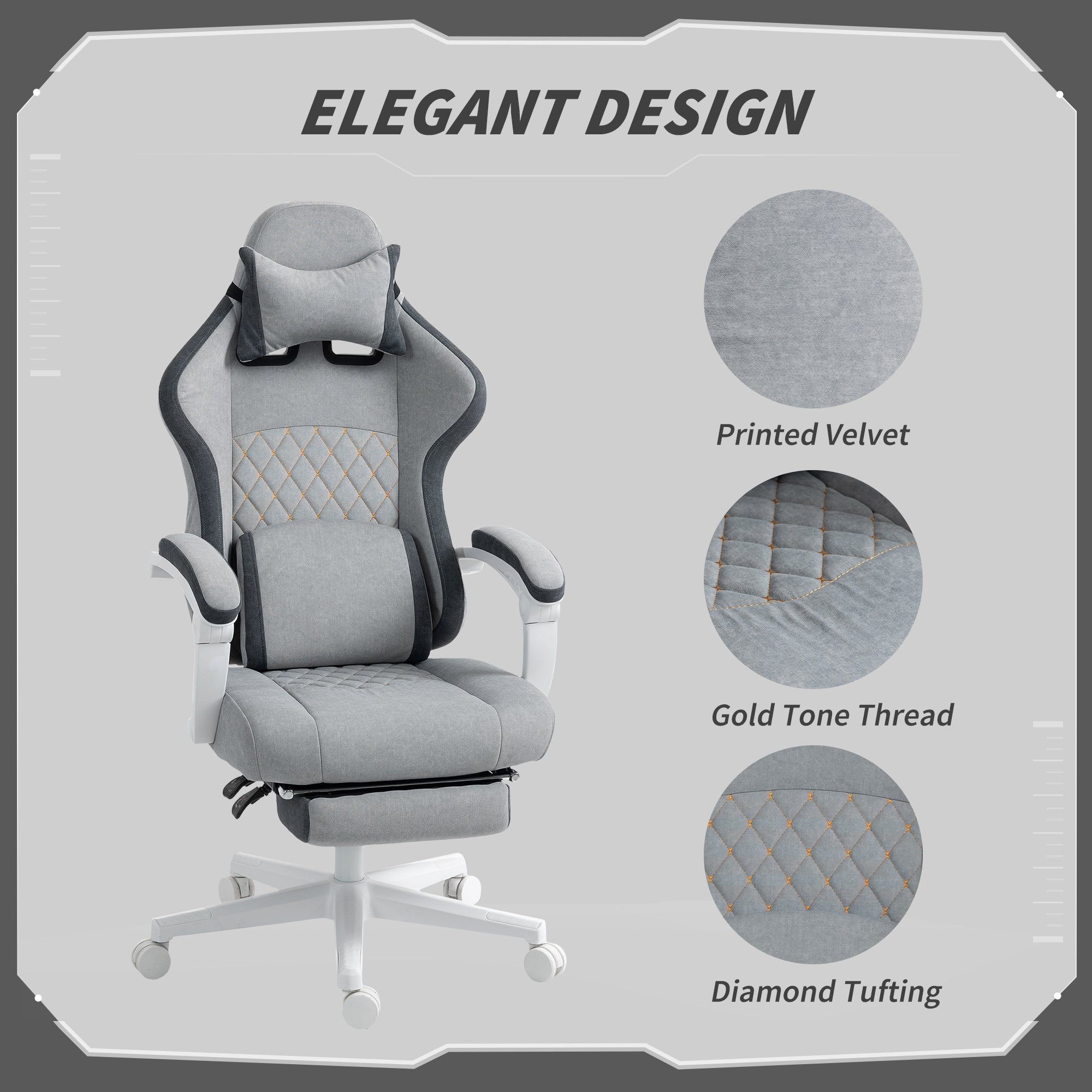 Grey printed velvet gaming chair with diamond tufting gold tone thread lumbar support and adjustable height for office or gaming