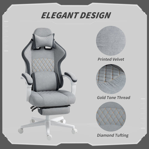 Grey printed velvet gaming chair with diamond tufting gold tone thread lumbar support and adjustable height for office or gaming