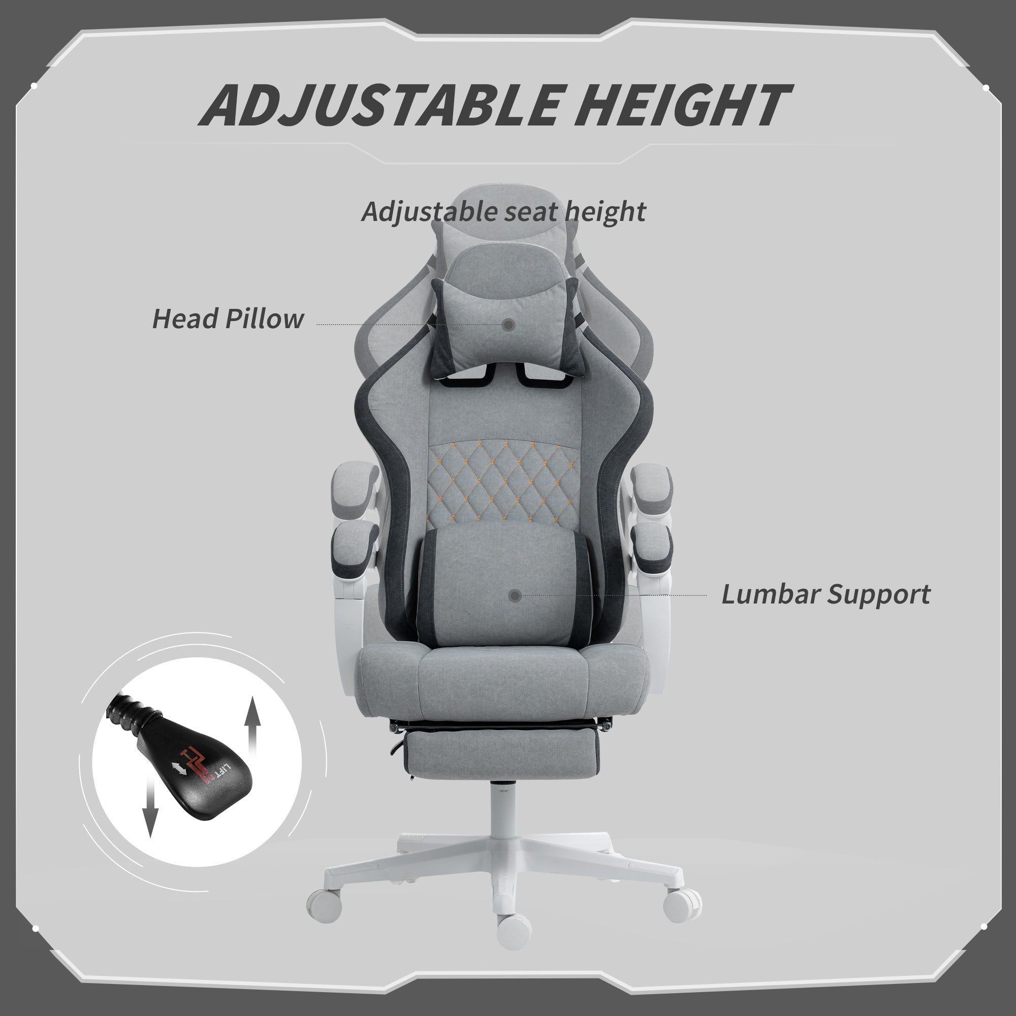 Gray and black homcom ergonomic gaming chair with printed velvet upholstery lumbar support adjustable height and footrest