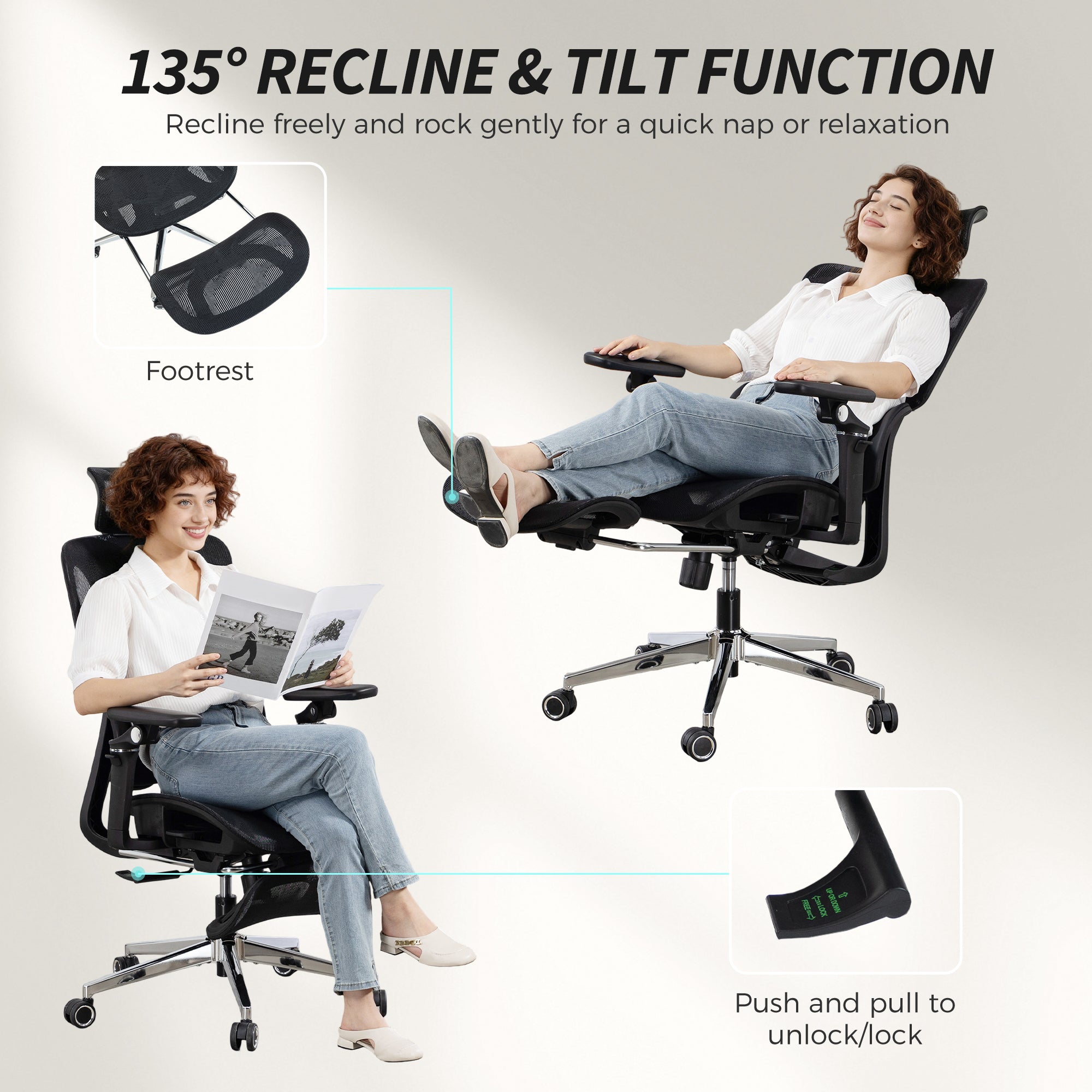 Black HOMCOM ergonomic office chair with mesh back, adjustable recline, footrest, lumbar support, and chrome base seat depth