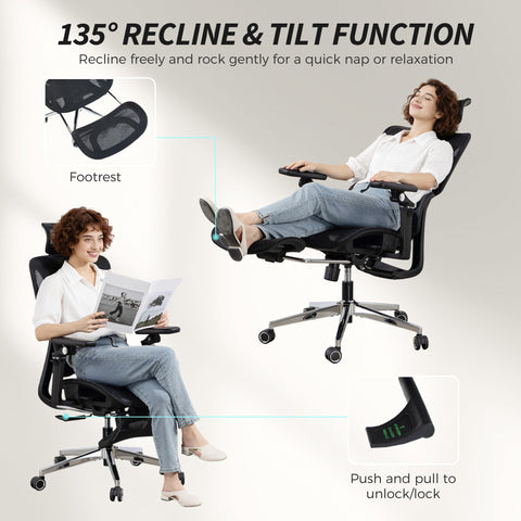 Black HOMCOM ergonomic office chair with mesh back, adjustable recline, footrest, lumbar support, and chrome base seat depth