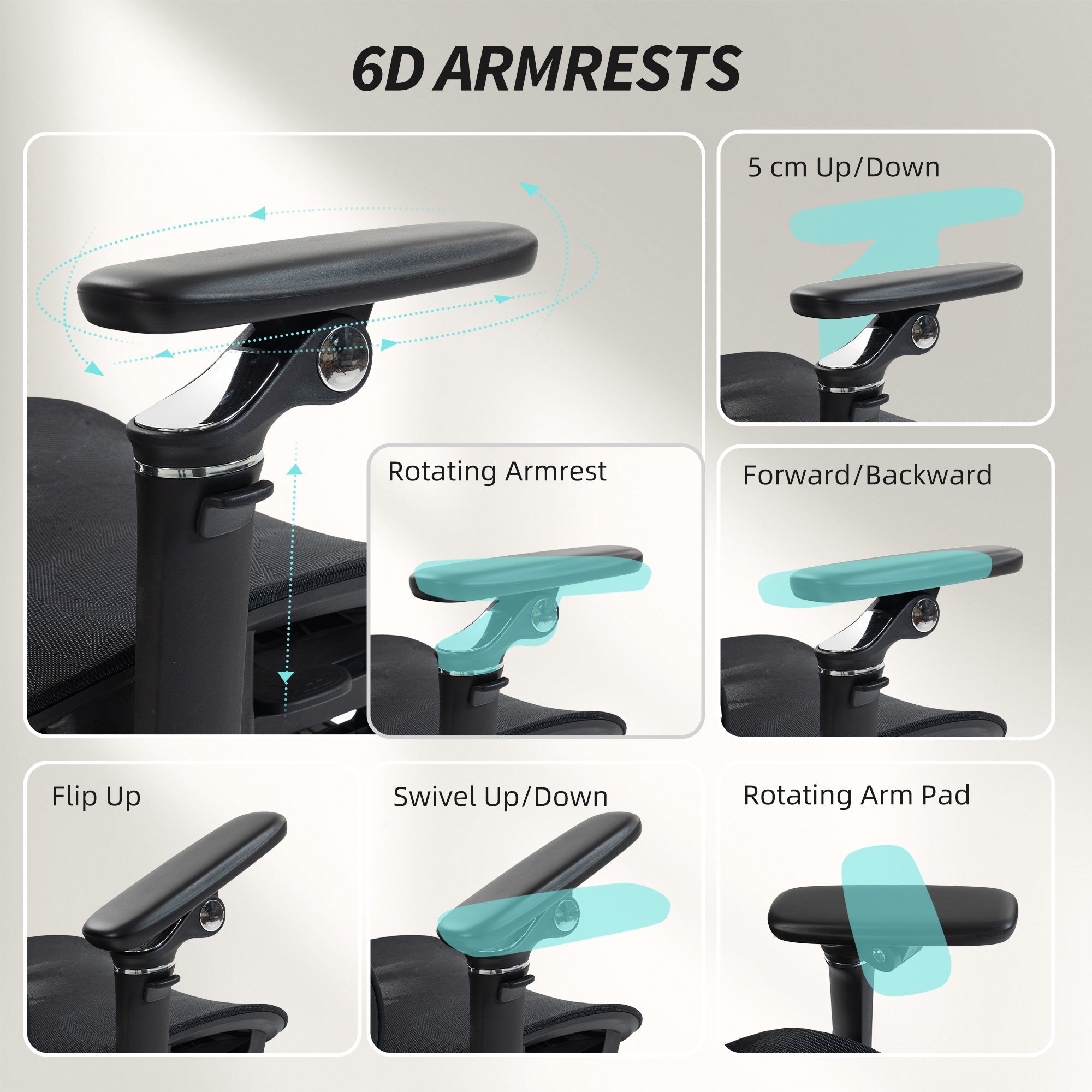Black 6d adjustable armrest with chrome hardware and ergonomic padding on homcom office chair with lumbar support