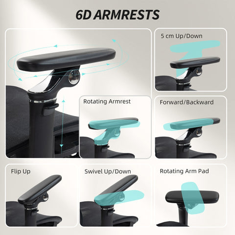 Black 6d adjustable armrest with chrome hardware and ergonomic padding on homcom office chair with lumbar support