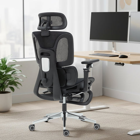 Black HOMCOM ergonomic office chair with mesh back, lumbar support, adjustable armrests, and seat depth for comfort