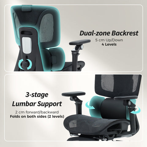 Black mesh office chair by homcom with dual-zone backrest and 3-stage lumbar support for adjustable seat depth