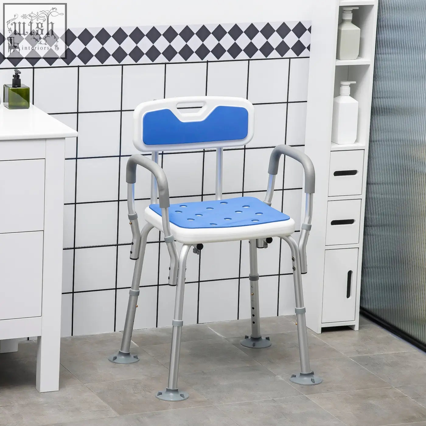 Blue and white homcom eva shower chair with padded seat, perforated backrest, suction foot pads, and adjustable height