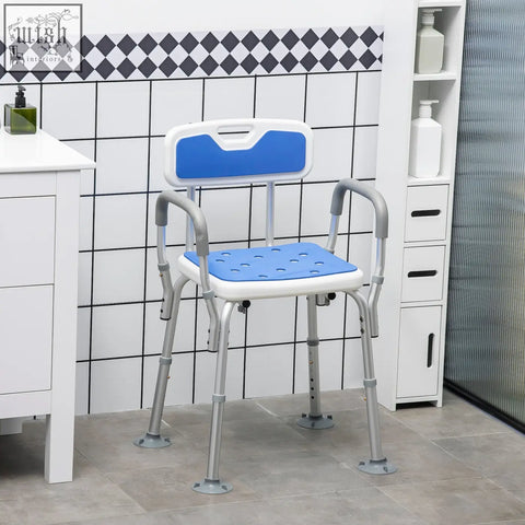 Blue and white homcom eva shower chair with padded seat, perforated backrest, suction foot pads, and adjustable height