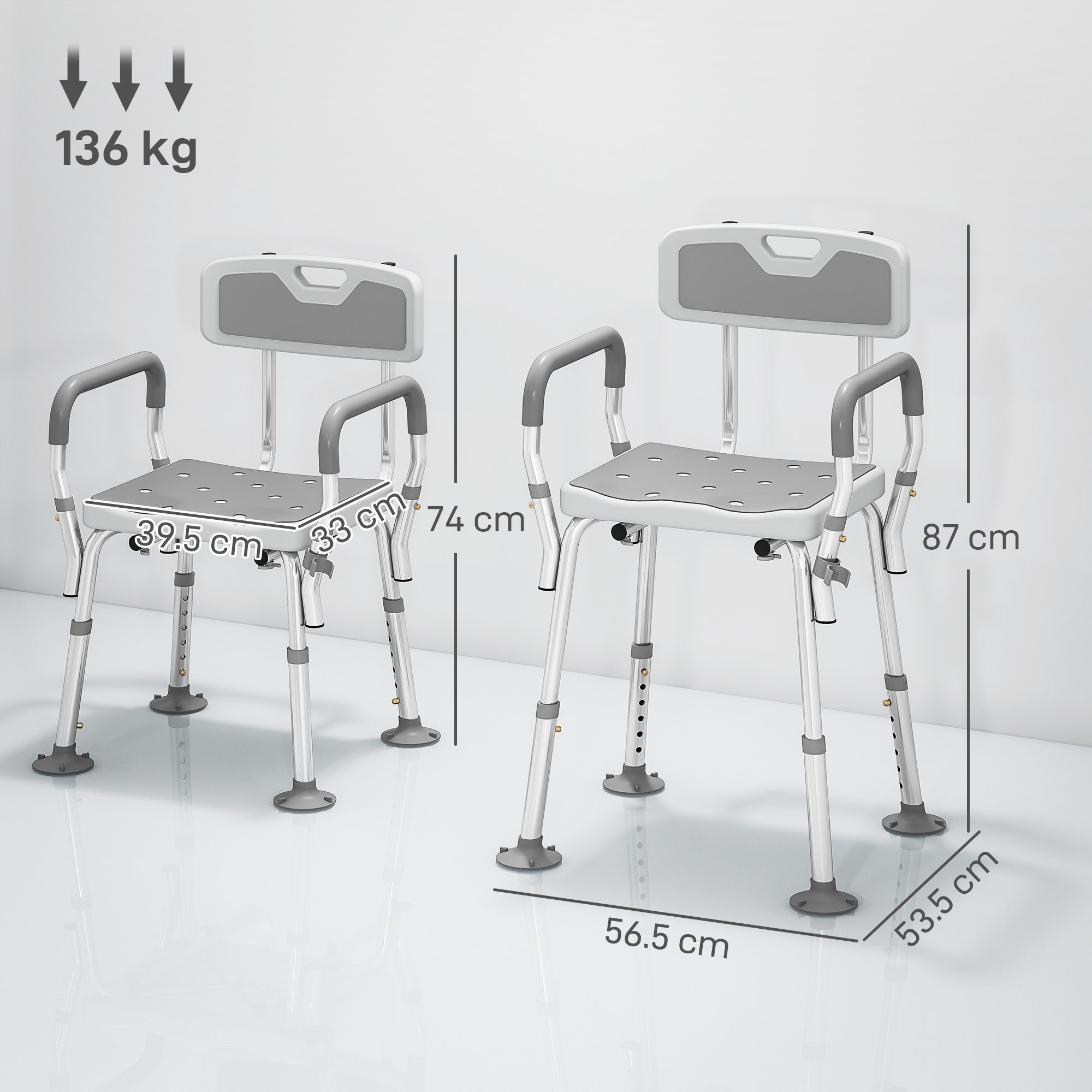 Adjustable height homcom shower chair with silver metal frame gray padded seat back arms and suction foot pads
