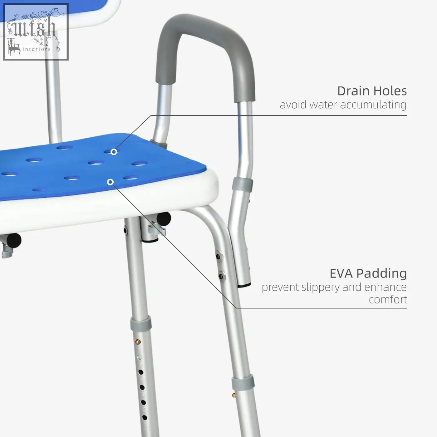 Blue and white homcom shower chair with padded seat, gray armrests, suction foot pads, and adjustable height for elderly