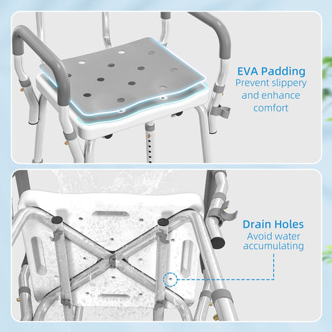 Adjustable height homcom shower chair with light grey eva padded seat and silver metal frame for elderly and disabled