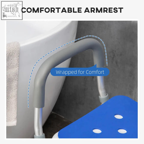 Gray padded armrest on blue homcom eva shower chair with suction foot pads for elderly and disabled users