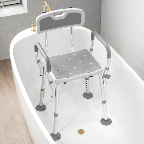 Adjustable homcom eva light grey shower chair with padded seat armrests and non slip suction feet for elderly and disabled