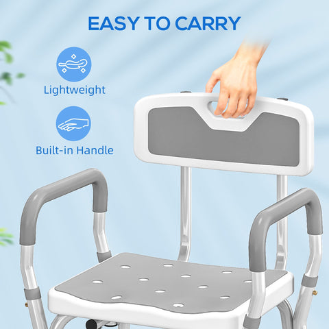 White and gray homcom eva padded shower chair with light grey seat, adjustable height, back, arms, and suction foot pads