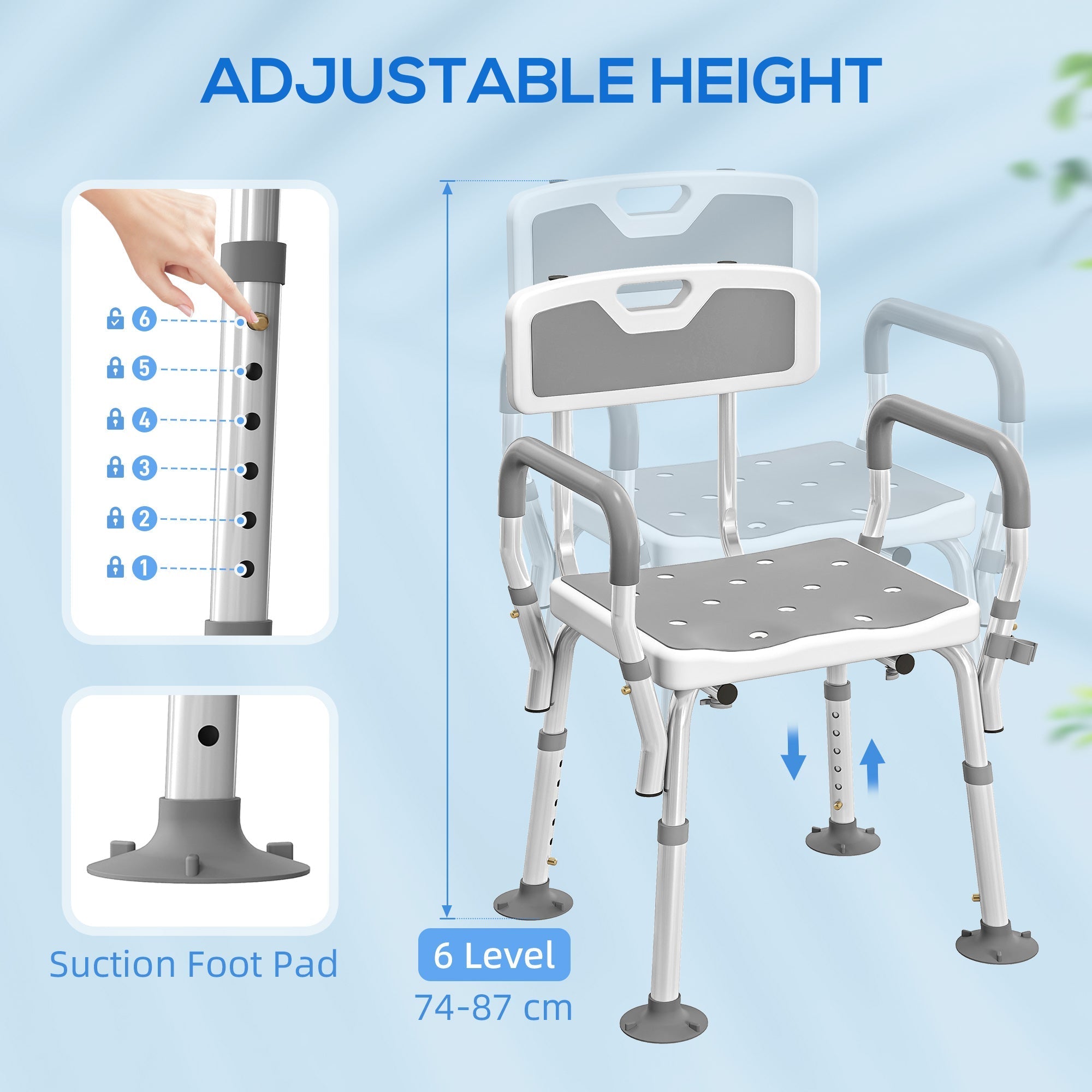 Adjustable height homcom eva shower chair with padded seat white gray frame and suction foot pads for safety