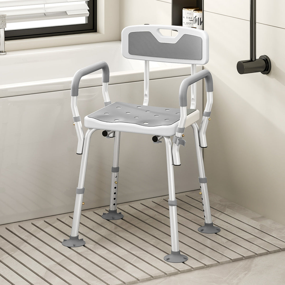 Adjustable homcom eva shower chair with padded perforated seat and armrests in light grey for elderly and disabled