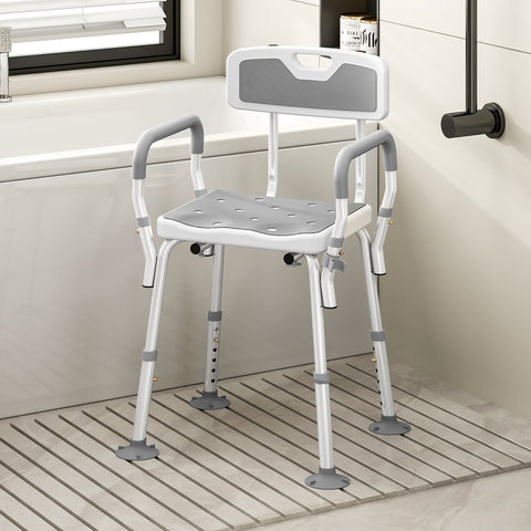 Adjustable homcom eva shower chair with padded perforated seat and armrests in light grey for elderly and disabled