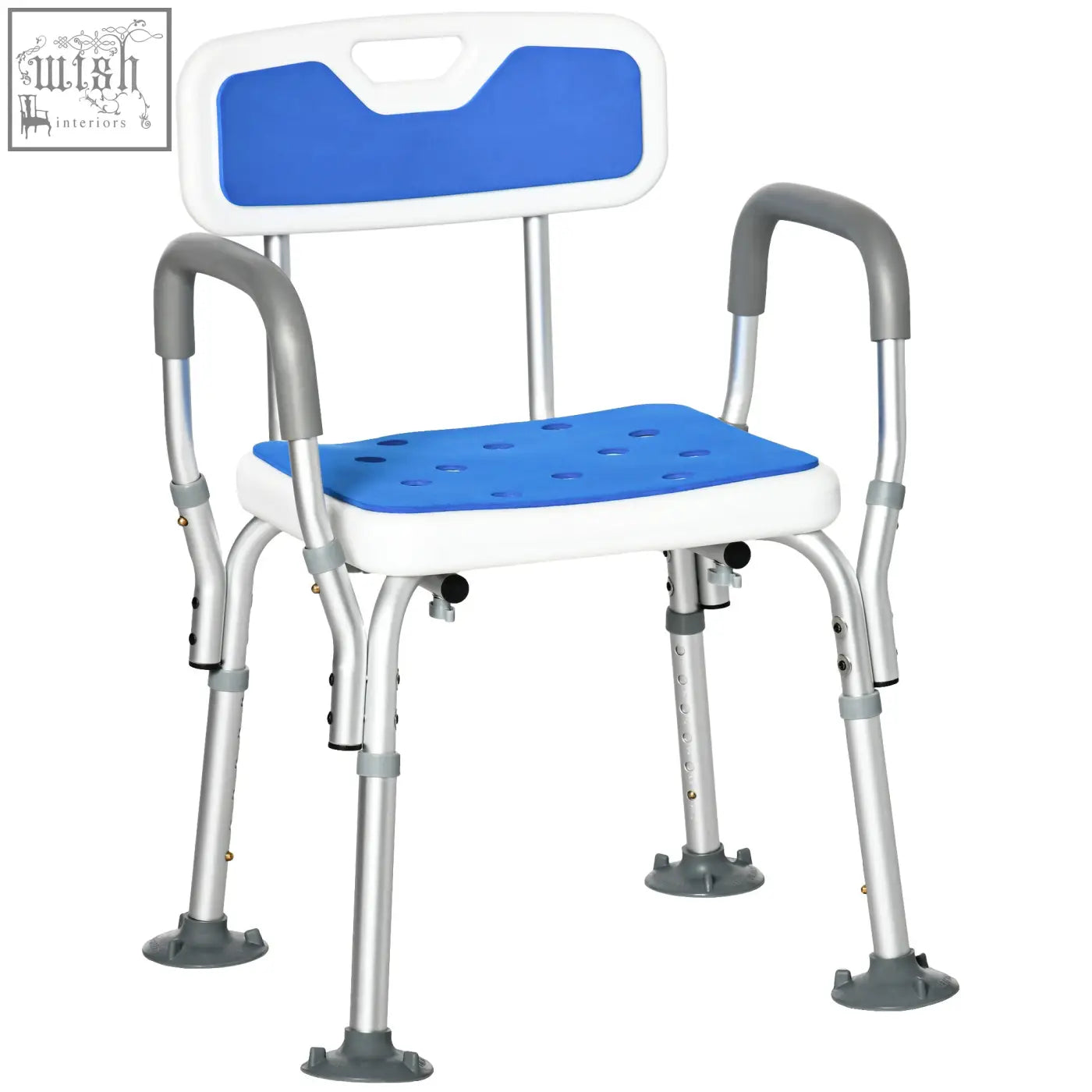 Blue and white homcom eva padded shower chair with gray armrests and suction foot pads for elderly and disabled