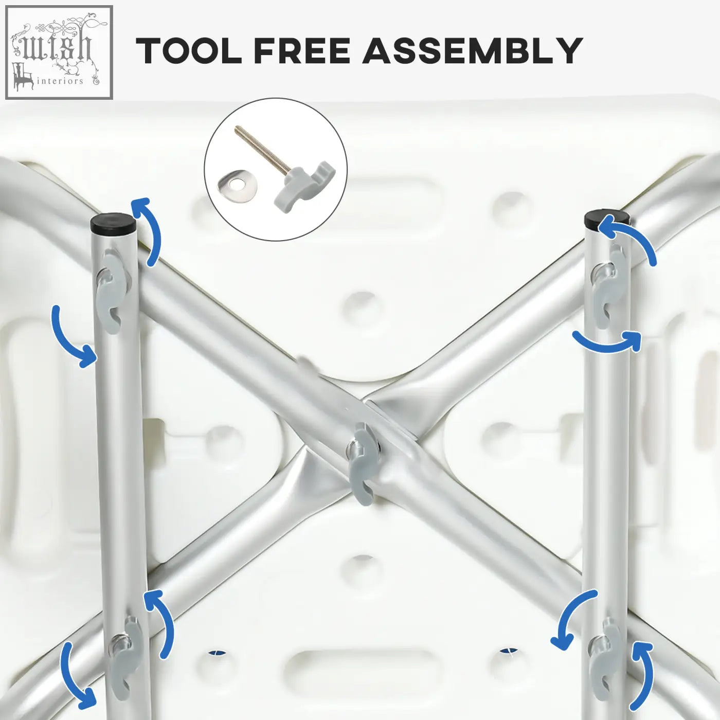 Silver aluminum folding table with white plastic base and tool-free assembly for easy setup and transport