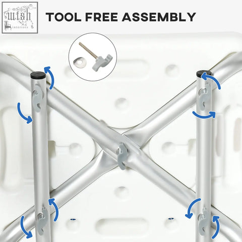 Silver aluminum folding table with white plastic base and tool-free assembly for easy setup and transport