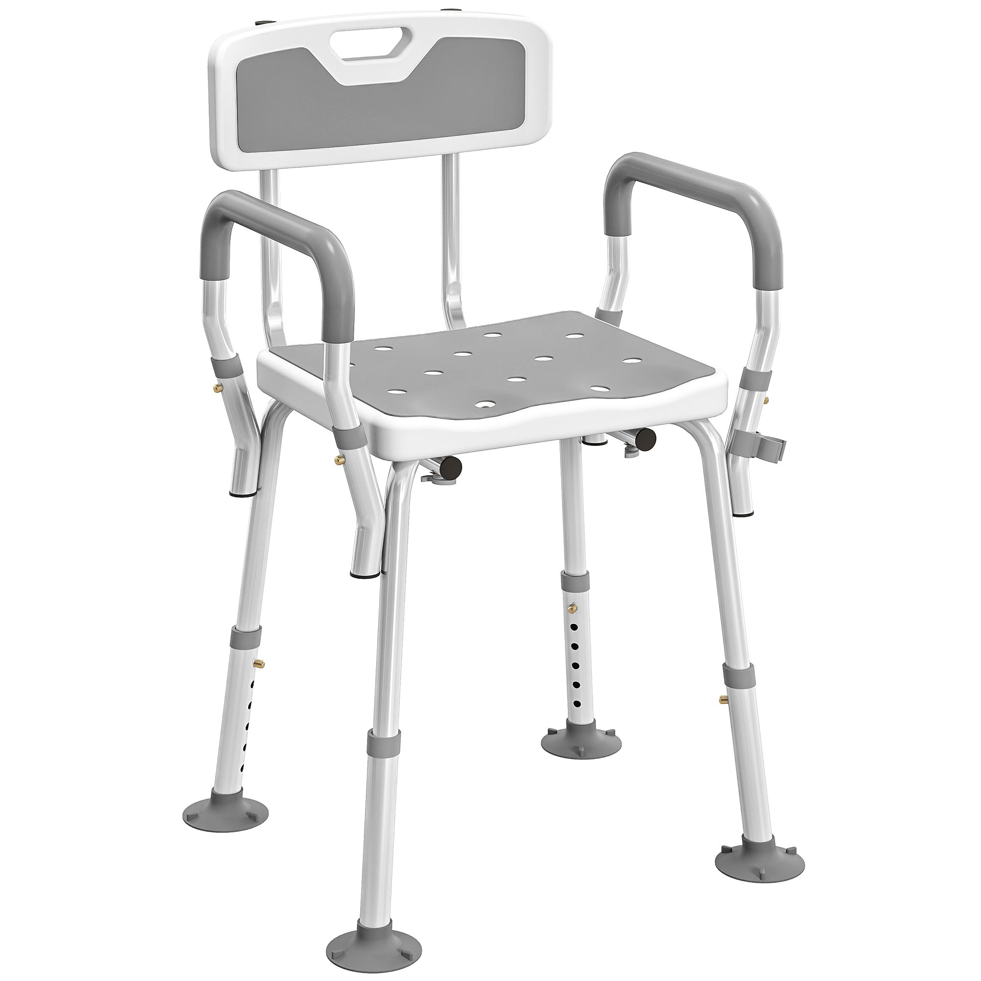 Adjustable height homcom eva shower chair with padded light grey plastic seat back arms and silver metal legs