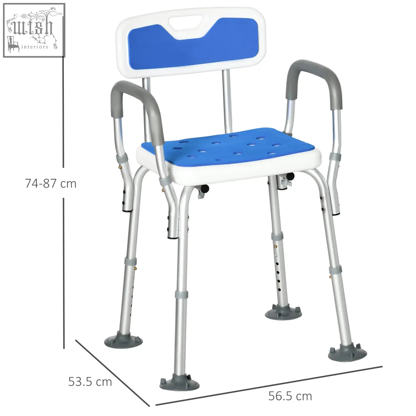 Blue and white homcom eva padded shower chair with gray armrests, suction foot pads, and adjustable height for elderly use