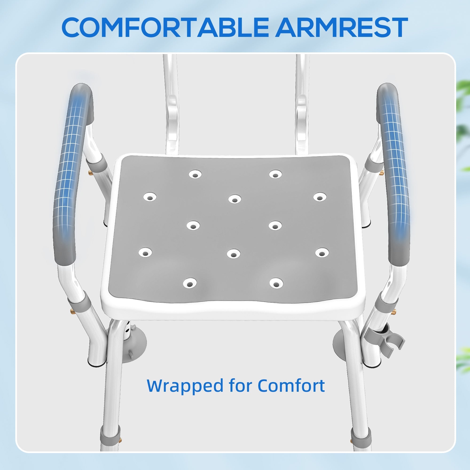 White and gray homcom eva padded shower chair with grid pattern seat, suction foot pads, and armrests for elderly use