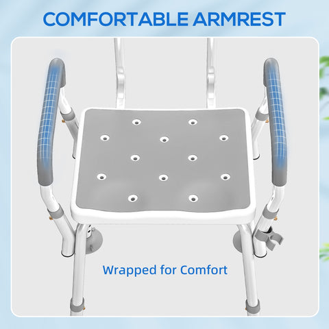 White and gray homcom eva padded shower chair with grid pattern seat, suction foot pads, and armrests for elderly use