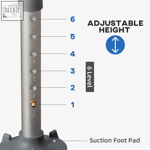 Silver metallic adjustable-height standing desk converter with suction foot pad and six numbered height levels