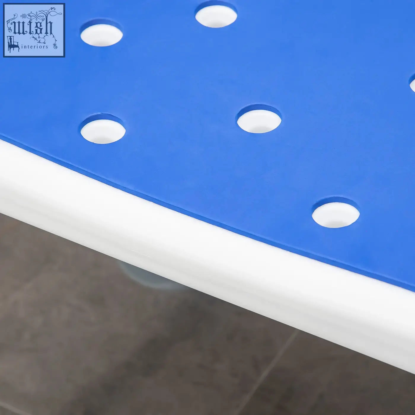Blue homcom eva padded shower chair with white circular cutouts suction foot pads and adjustable height