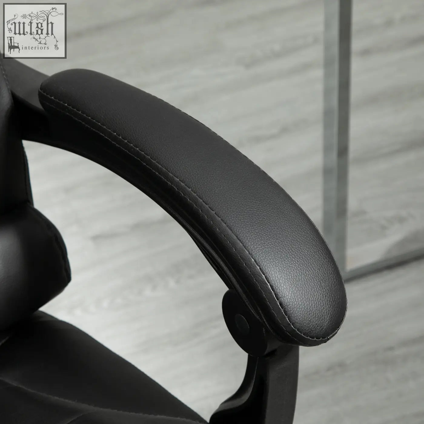 Black leather armrest with stitched edges on homcom office chair featuring faux leather upholstery and swivel wheels