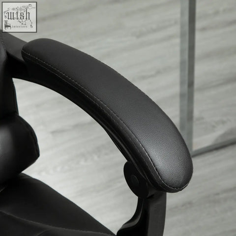 Black leather armrest with stitched edges on homcom office chair featuring faux leather upholstery and swivel wheels