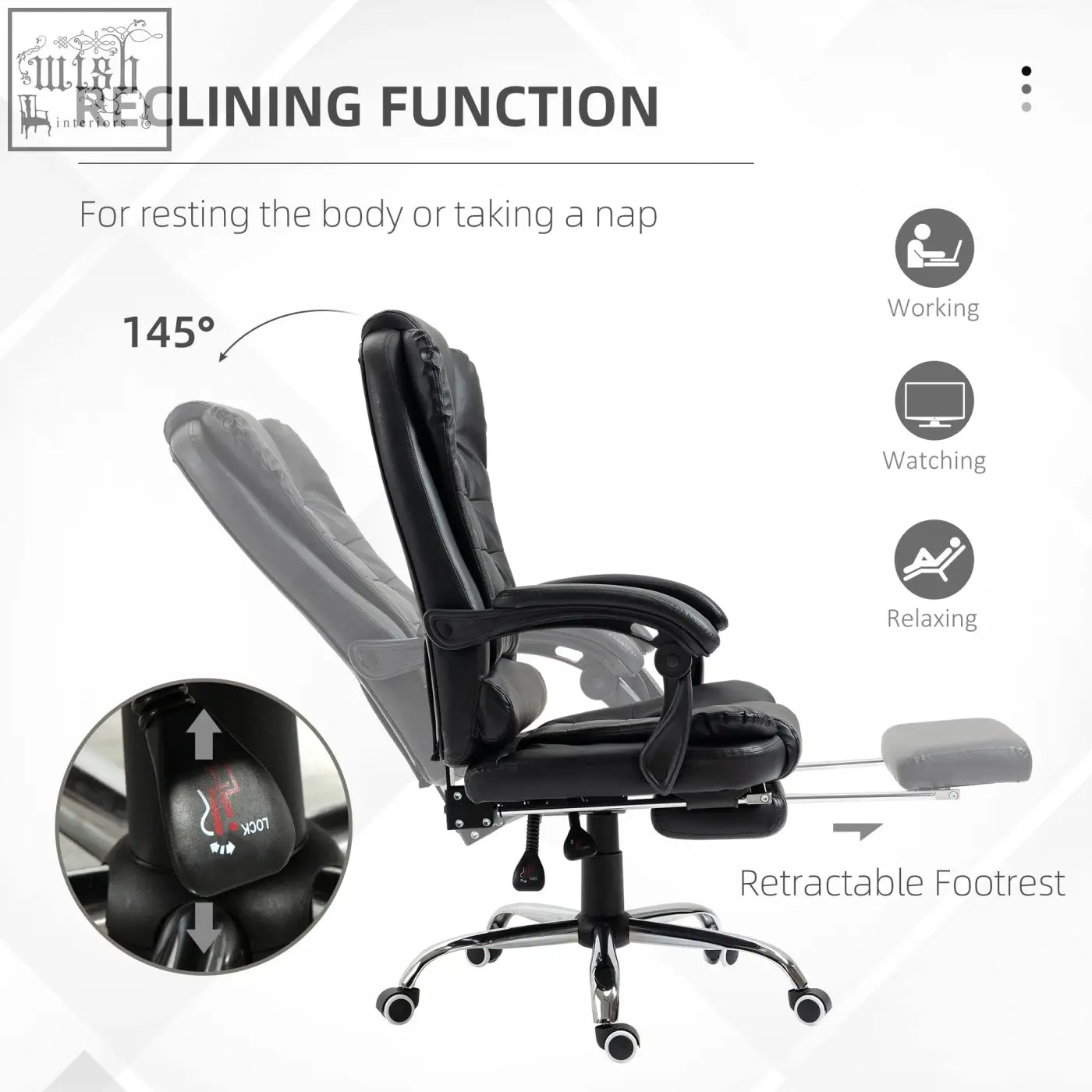 Black homcom executive office chair with faux leather upholstery, 145-degree recline, and retractable footrest
