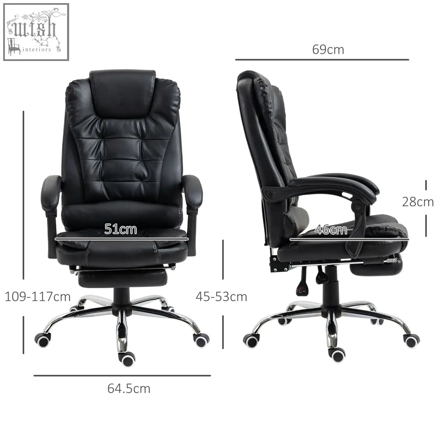Black leather executive office chair with adjustable footrest chrome base and faux leather upholstery for home use