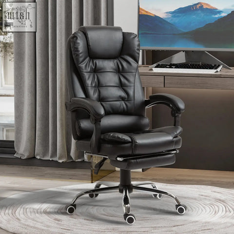 Black homcom executive office chair with faux leather upholstery padded armrests and a retractable footrest