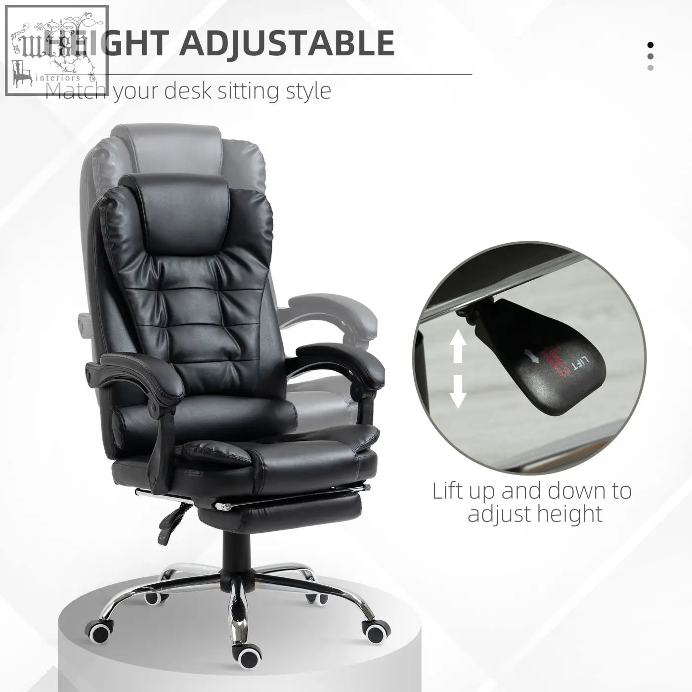 Black HOMCOM executive office chair with faux leather upholstery, height-adjustable, chrome base, and swivel wheels
