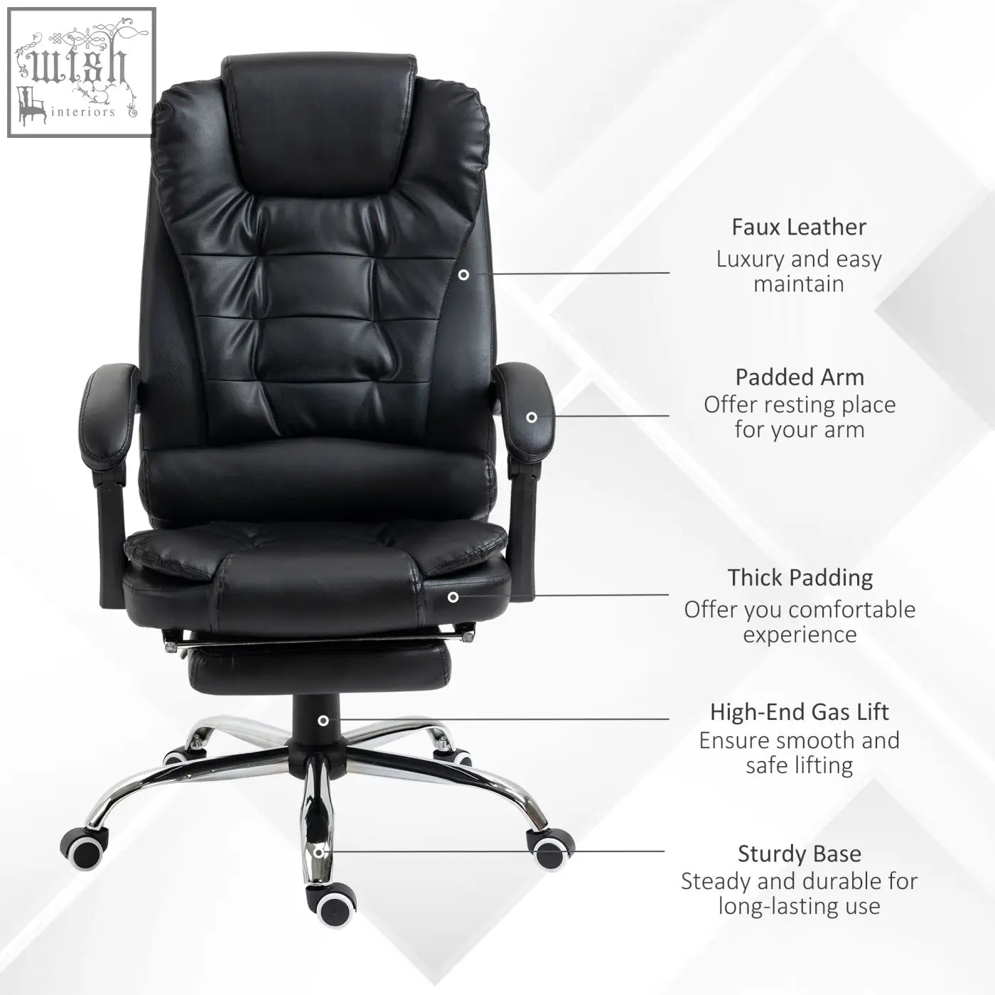 Homcom executive office chair in black faux leather with padded armrests swivel wheels reclining backrest and footrest